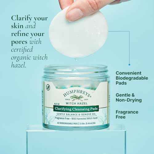 Humphreys Witch Hazel Clarifying Cleansing Pads | Wild Harvested Witch Hazel | Natural, Fragrance-Free Formula | Removes Oil & Impurities | 60 Rounds