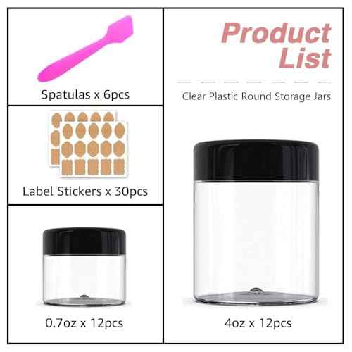 12 Pack 4 oz Small Plastic Containers with Lids+12 Pack 20g/20ml Cosmetic Sample Jar - for Lip Scrub, Body Butters, Cream, Slime, Craft Storage