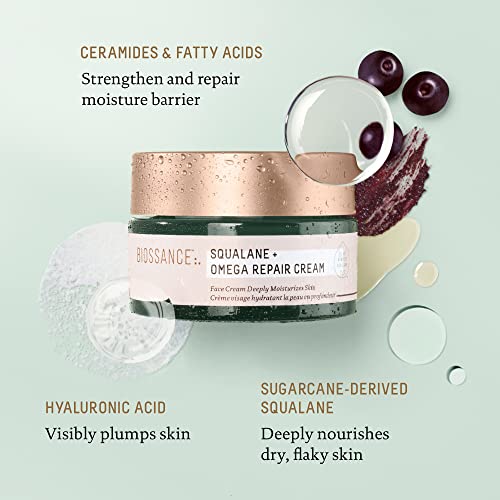 BIOSSANCE Squalane + Omega Repair Cream - Ultra-Moisturizing Face Cream - Skin Care with Hyaluronic Acid, Ceramides, Squalane - Ideal for Dry & Sensitive Skin, Intense Hydration Moisturizer