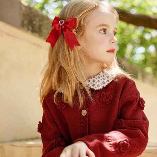 Red Hair Bow Clips Satin Bowknot Hair Clips Sweet Heart Rhinestones Ribbon Hairpins for Girls Chirstmas Valentine's Day Party Hair Accessories