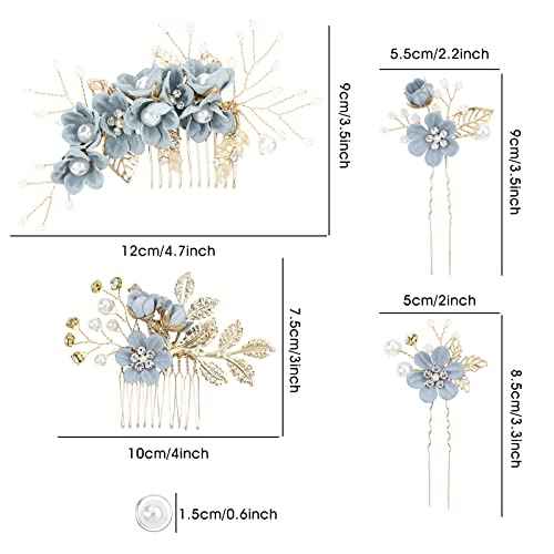 inSowni 20 Pack Classy Dusty Blue Flower Bridal Wedding Hair Side Combs+Floral Hair Pins+Twist Spiral Pearl Hair Pins Clips Pieces Formal Prom Headpieces Accessories for Brides Bridesmaids Women Girls
