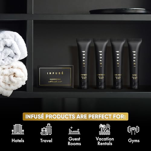 Infuse Black Soaps & Toiletries Bulk Set | 1-Shoppe Amenities Kit for Hotels & Vacation Rentals | 1 oz Shampoo, Conditioner, Body Wash, Lotion, 1.25 oz Cleansing Bar | 75 Pieces
