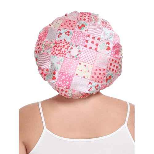 Double Layer Satin Hair Bonnet with Eye Mask Silk Sleep Cap with Tie Head Wrap for Curly Natural Hair Pink Strawberry