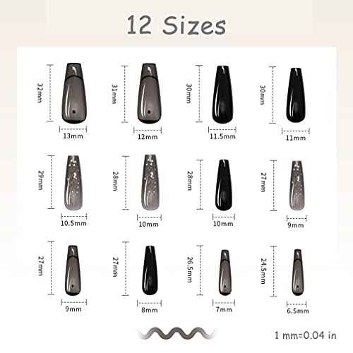 BABALAL Glitter Press on Nails Black French Fake Nails Shiny Clip on Nails Long Ballerina Artificial Finger Manicure with Nail Glue for Women and Girls