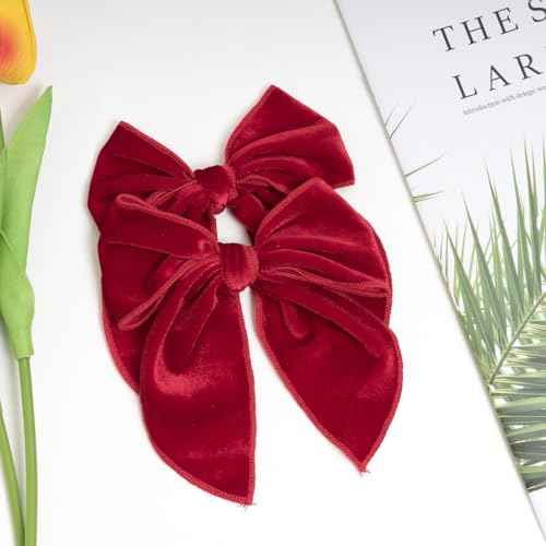 2 Pack Fable Girls Velvet Hair Bows 5 Inch Large Velvet Bow Handmade Hair Accessories for Toddler Kids Teen Girls (Red)