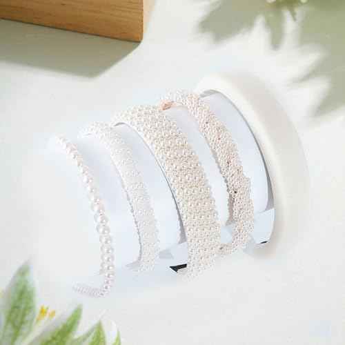 5Pcs White Pearl Headbands for Women Faux Pearl Beaded Headbands Cute Padded Headband for Women Party Wedding Hair Accessories for Bridal