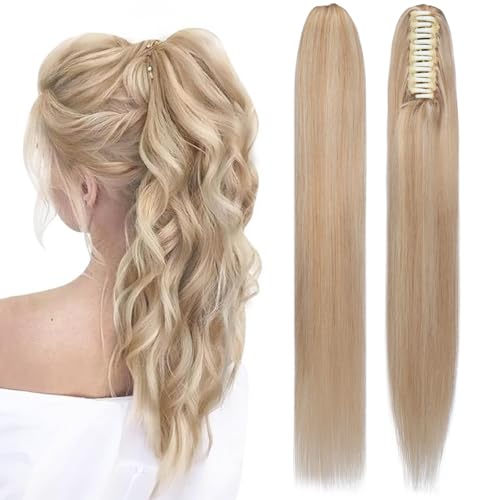Claw Clip In Ponytail Extension, 100% Human Hair Ponytail Extension, No Tangle & Smooth, 105g, 16 Inch #Blonde & Bleach Blonde