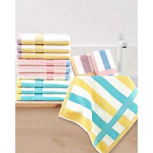 Jacquotha Cotton 12 Pack Striped Washcloths, 13 x 13 Inches, 3 Colors - Face and Body Cleansing Towels