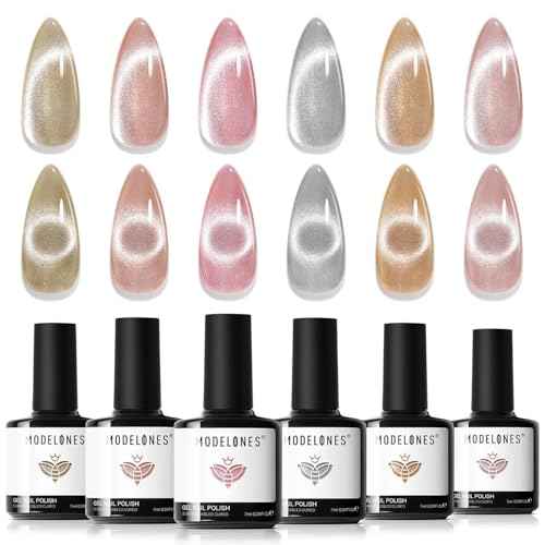 Modelones Cat Eye Gel Nail Polish Set, Holographic Glitter 6 Colors with Magnet, Sparkle Galaxy Series Nude Pink Gel Polish, Soak Off Led Gel Polish Kit, Nail Art, Salon DIY Gifts