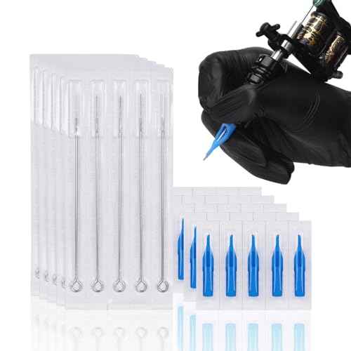 Tattoo Needles & Tips Set, ATOMUS 50pcs Disposable Mixed Tattoo Needles + 50pcs Assorted Tattoo Needles Tips, 5pcs of each-3rl 5rl 7rl 9rl 3rs 5rs 7rs 9rs 5m1 7m1 3RT 5RT 7RT 9RT 3DT 5DT