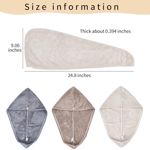 3 Pack Plush Yarn Hair Towel Wrap for Women, Super Absorbent & Quick Drying Turban, Anti Frizz Head Towel for Long, Thick, Curly Hair with Secure Button