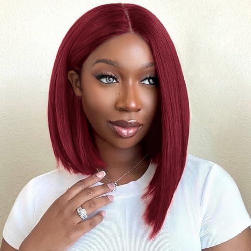 14 Inch Bob Wig Human Hair - Burgundy 13x4 HD Lace Front Wigs Human Hair for Black Women, 180% Density, Natural Hairline, Straight Short Glueless Wigs Human Hair Pre Plucked Pre Cut Bob