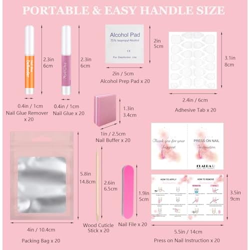 20PCS Press on Nail Tool Kit: Nail Prep Kit with Nail Glue, Glue Remover, Mini Nail File, Nail Buffer, Prep Pad,Adhesive Nail Tabs, Wood Stick, Instruction Card for Press on Nail Packaging