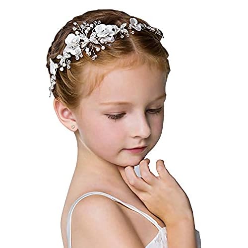 Flower Girl Headpiece Princess Wedding Accessories, Silver Hair Headband Flower Crown for Girls