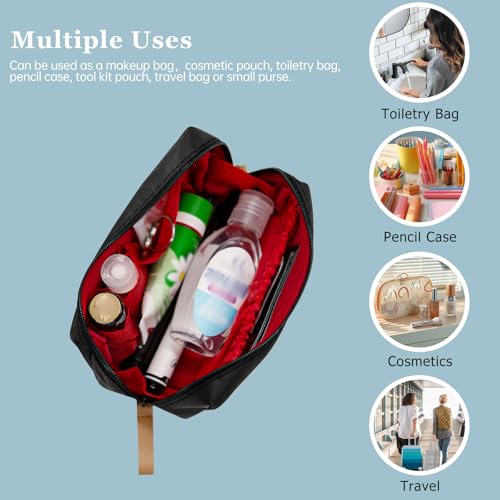 Long Keeper Small Cosmetic Bag Women Water Resistant Make Up Bag Cute Mini Travel Makeup Organizer Bag Portable Toiletry Bag (Black and Red)