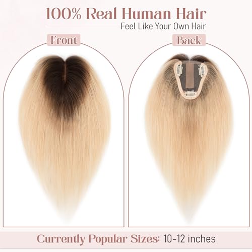 Hairro Human Hair Toppers Real Hair, Clips in 100% Human Hair Hairpieces for Women, 3.15"x3.94" Silk Base for Thinning Hair/Hair Loss/Covering Greyish Hair on Top, 12 Inch Bleach Blond with Black Root