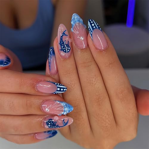 Almond Press on Nails Medium French Tip Fake Nails with 3D Pearl Drip Gel Summer Glue on Nails Blue Shark False Nails Ocean Whale Artificial Stick on Nail Cute Acrylic Nail for Women Manicure 24Pcs