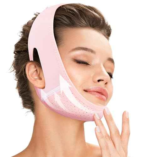 Reusable V Line Lifting Mask with Chin Strap for Sleeping,Double Chin Reducer,Face Lift Prevent Sagging, Jaw Exerciser,Light Pink,M