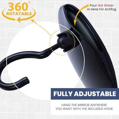 MIRRORVANA Dual Anti Fog Shower Mirror for Shaving with Hook for Hanging and Fogless Shatterproof Surface - Fill Back Chamber/Reservoir with Hot Water for Fog Free Shave (8" Diameter, Black)