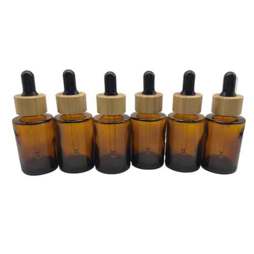 Brown Glass Dropper Bottles 30ml/1 oz 6 PACK,Essential Oil Bottles With Eye Dropper And Bamboo Lids Perfume Sample Vials Essence Liquid Cosmetic Containers