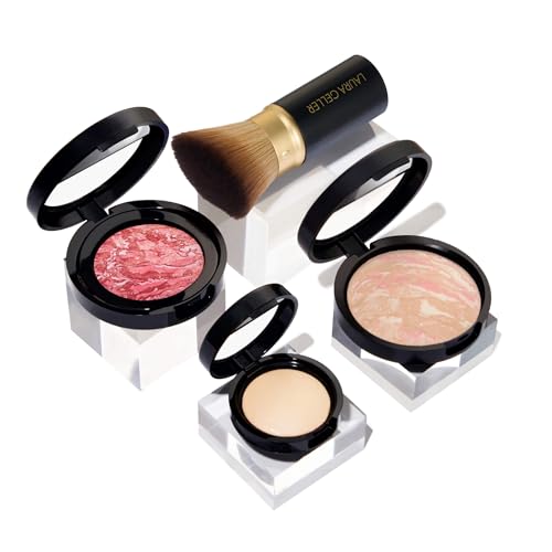 LAURA GELLER NEW YORK Daily Routine Kit (4 PC): Balance-N-Brighten Foundation, Porcelain, Retractable Kabuki Brush, Blush-N-Brighten, Tropic Hues, Original Baked Highlighter French Vanilla