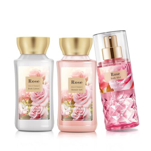 Bath and Body Gift Set for Women & Girls, Rose 3PCS Set for - Shower Gel, Body Lotion, Body Mist, Personal Portable Body Care Travel Set, Home Spa Set for Birthday Mother's Day Gifts for Her