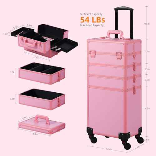 Makeup Train Case, Rolling Makeup Case with Lid, 5 in 1 Cosmetology Case on Wheels, Christmas Gift, Large Makeup Case Organizers, Profesional Cosmetic Case for Salon Barber, Pink