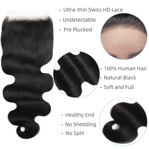 5x5 SKINLIKE 100% Real HD Lace Closure Body Wave Human Hair Closure 0.095mm Ultra-thin Invisible Swiss HD Lace Closure Pre Plucked Small Single Knots Brazilian Virgin Human Hair Closure 18inch