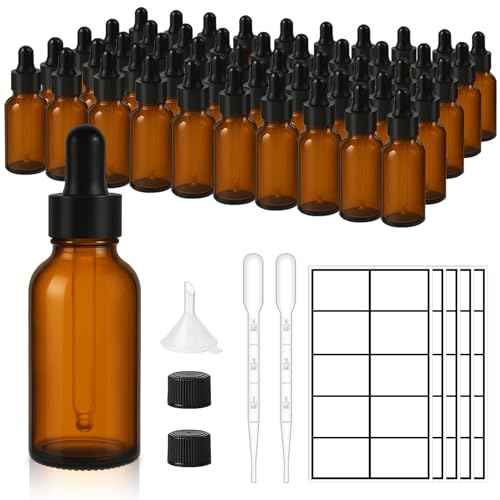 50 Pack 1oz Amber Glass Dropper Bottles Leakproof with Funnels, Eye Droppers, Extra Caps, Labels - Refillable UV 30ml Empty Bottles for Tinctures, Essential Oils, Perfume, Beard, Hair Oil