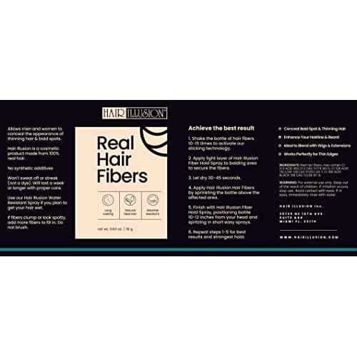 Hair Illusion Black Real Hair Fibers for Thinning Hair - 100% Natural Texture, Non Synthetic Hair Fibers - Bald Spot Cover Up for Women & Men - 18 Gram
