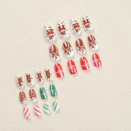 24Pcs Christmas Press on Nails Medium Almond Fake Nails with Snowman Snowflake Design Stick on Nails Bling Glitter False Nail Artificial Acrylic Glue On Nail for Women Nail Art Decoration