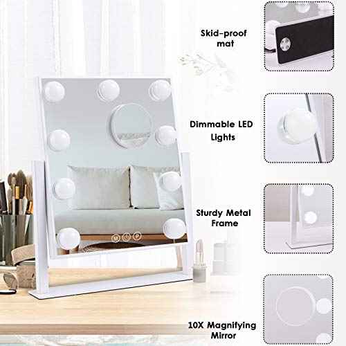 Lighted Makeup Mirror Hollywood Mirror Vanity Mirror with Lights, Touch Control Design 3 Colors Dimable LED Bulbs, Detachable 10X Magnification, 360¡ÆRotation, (White) 12" L x 14" W