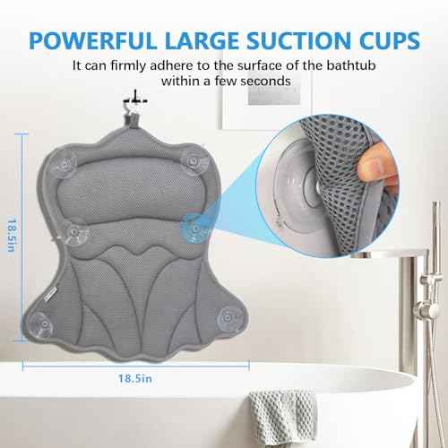 REEZEIVI Bath Pillows for Tub,Bath Pillow with 6 Non-Slip Suction Cups,Soft 4D Mesh Fabric,Bathtub Pillows for Tub Neck and Back Support,Extra Thick Luxury Bathtub Pillows,Grey