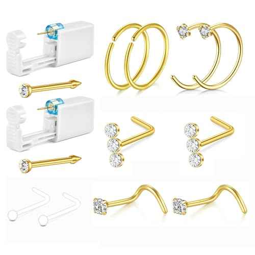QWALIT 2pack Nose Ring Piercing Kit - Gold Nose Piercing Gun Kit