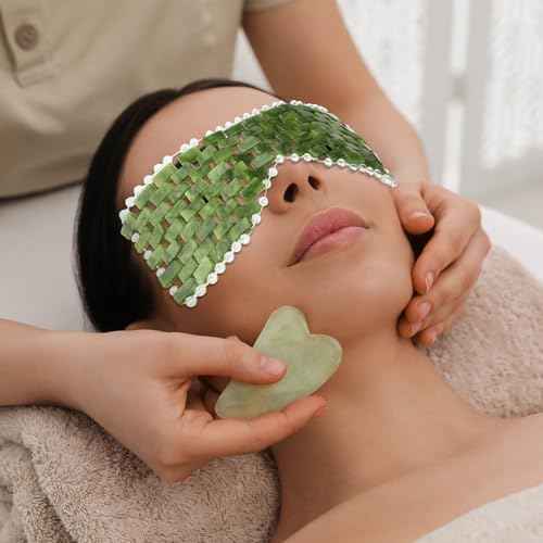 Coume 4 Pcs Jade Eye Mask Reusable Sage Green Facial Cooling Mask for Hot and Cold Anti-Aging Therapy to Reduce Wrinkles Puffiness Migraines Crystal Relief Sleeping Mask for Women Spa Treatment Gift