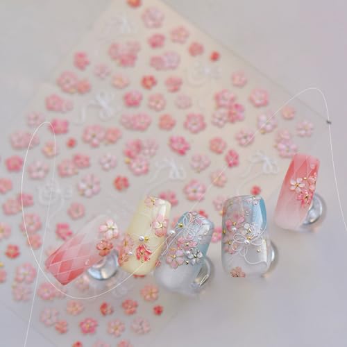 5D Embossed Pink Flower Nail Stickers Self-Adhesive Spring Summer Nail Art Stickers White Bow with Cherry Blossoms Gold Glitter Design Nail Art Supplies Floral Nail Decals for Women Acrylic Nails