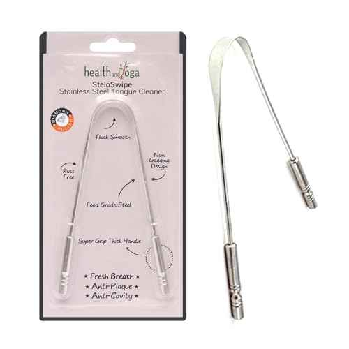 HealthAndYoga¢â Tongue Cleaner Scraper with Storage Bag - Hygienic, Surgical Grade, Non-Synthetic Grip ? Sterilizable Tongue Brush Cleaner (Surgical Steel - 1 Pack)
