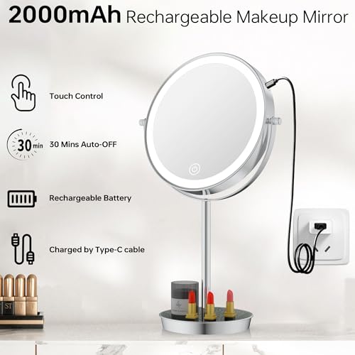 8" Lighted Makeup Mirror with 3 Color Lights and 1X 10X Magnification, Magnifying Vanity Mirror with Jewelry Holder and Storage Base, Dimmable,Touch Control, Chrome