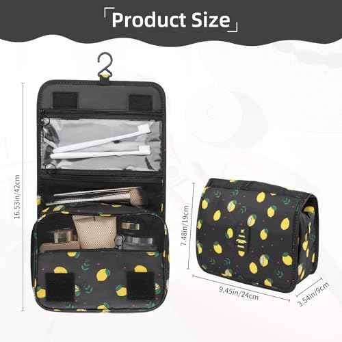 Foldable Hanging Travel Toiletry Bag,Waterproof Portable Travel Bags, Multifunction Travel Makeup Cosmetic Bag Organizer with Hanging Hook (Black Lemon)
