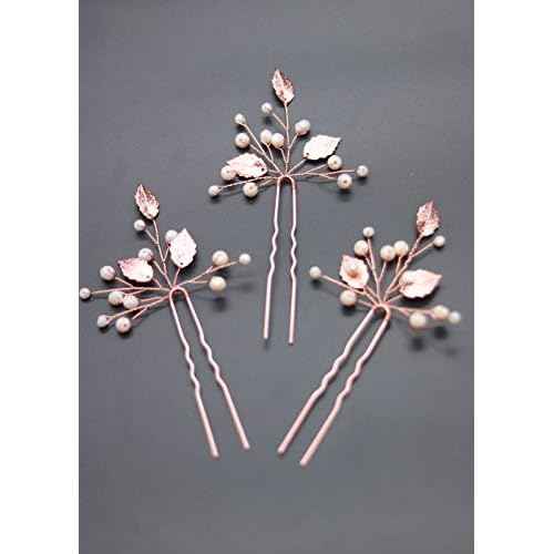 Missgrace Rose Gold Hair Pins (3 Packs), Crystal Leaf Wedding Hair Accessories for Women