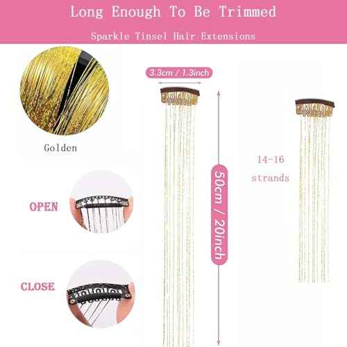 Hair Tinsel Clip in Tinsel Hair Extensions Gold Fairy Glitter Hair Tinsel Kit for Women Heat Resistant 21.5In 6Pcs Festival Accessories for Party, Christmas, New Year, Halloween, Cosplay