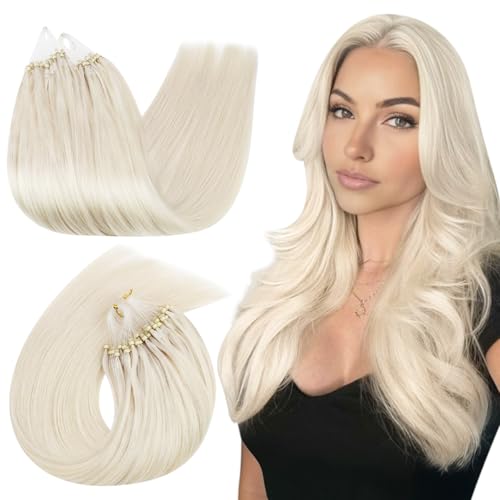Ugeat Micro Ring Hair Extensions for Long Length 24 Inch Platinum Blonde Micro Beads Real Human Hair Extensions Flexible Microloop for Natural Looking 50S 50S