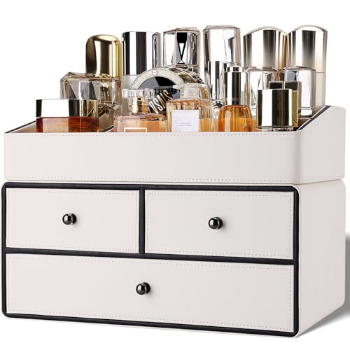 GORESE Leather Makeup Organizer with Drawers for Vanity, Stackable Skincare Holder Dresser Organizer Countertop, Make Up Storage Organizers Counter Cosmetic Display Case Gifts for Women(Cream White)