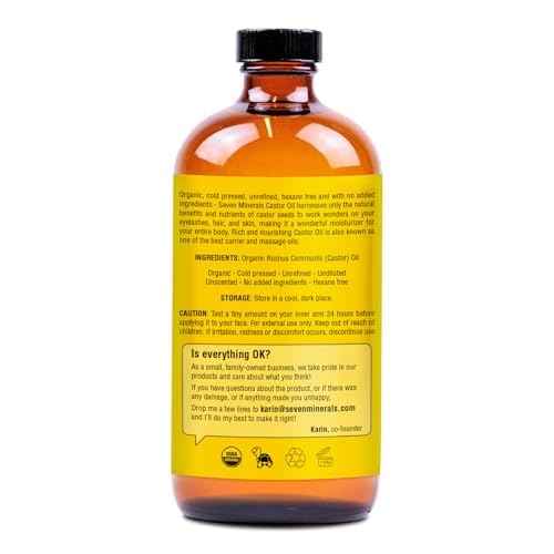 Seven Minerals New 16 fl oz Glass Bottle Castor Oil Organic Cold Pressed Unrefined Glass Bottle Pack - 100% Pure USDA Certified Organic Hexane Free