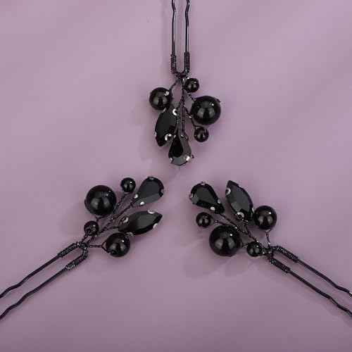 Teyglen Crystal Bride Wedding Hair Pins Black Pearl Hair Pins Clips Wedding Hair Accessories for Bride Rhinestone Pearl Headpiece Crystal Bridal Hair Piece for Women Girls (Black)