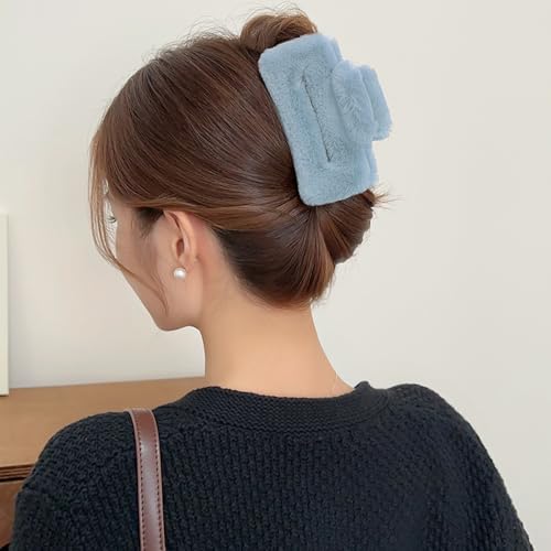 4 PACK Large Hair Claw Clips, Faux Fur Plush Hair Catch Barrette Jaw Clamp, Cute Square Furry Claw Clips for Thick Curly Hair Catch Accesories for Women and Girls