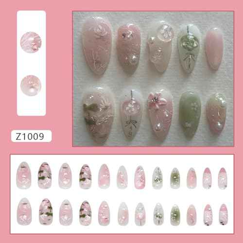 24Pcs Floral Almond Press on Nails Short Light Pink Fake Nails Cute French Nails Press ons Flower Full Cover Stick on Nails Almond Shape False Nails Tip Pearl Nails for Women Daily Wear Manicure Kit