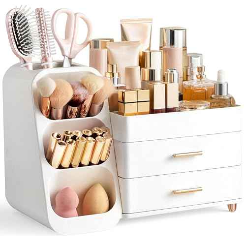 HBlife Makeup Organizer with Brush Holder for Vanity, Large Plastic Bathroom Countertop Organizer Skin Care Storage, Easy to Store Lipsticks, Nail Polishes, Perfumes, Eyeshadow Palettes, All White
