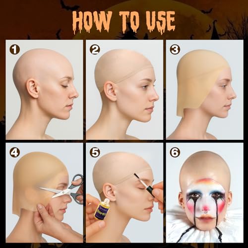Bald Cap Halloween Makeup Kit for Woman Man, Professional Complete Bald Cap Character Set for Cosplay,Sfx Halloween Makeup Costumes Party Theater look-with Instruction, Realistic Bald Cap Kits