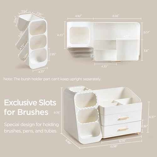 HBlife Makeup Organizer with Brush Holder for Vanity, Large Plastic Bathroom Countertop Organizer Skin Care Storage, Easy to Store Lipsticks, Nail Polishes, Perfumes, Eyeshadow Palettes, All White